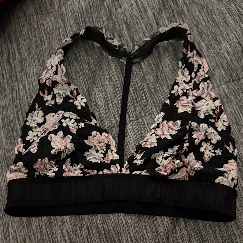 PINK Victoria's Secret Black Lace Bralette with Pink & Cream Floral Embroidery